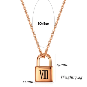 Detail view of a rose gold padlock necklace with Roman numerals and sizing specifications