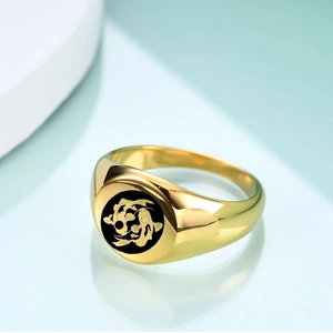 Polished 18K gold-plated stainless steel 12mm signet ring with black koi fish design