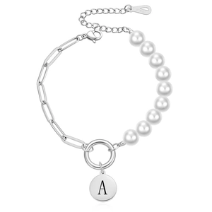 Roestvrij Stalen Armband Halve Kunstparel Halve Paperclip Ketting Initiale Letter Hanger Armband Voor Vrouwen Mode Sieraden