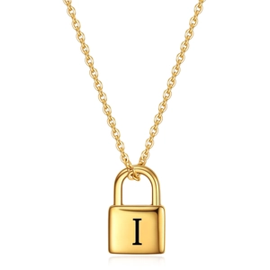 Macro shot of gold stainless steel padlock pendant with engraved letter I and chain
