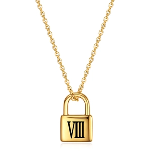 Golden stainless steel necklace featuring a square padlock pendant with Roman numeral VIII