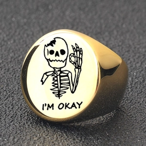 Polished gold stainless steel signet ring with I'm Okay skeleton design for men