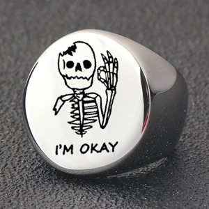 Stainless steel signet ring featuring a skull 'I'M OKAY' hand gesture design