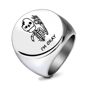 Polished stainless steel signet ring with skeleton OK gesture and I'M OKAY engraving