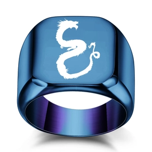Anello da uomo in acciaio inossidabile blu con motivo a drago e testa quadrata