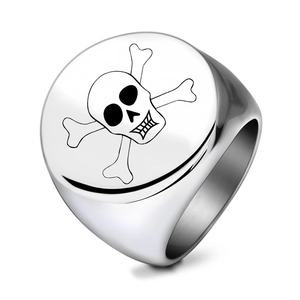 Polished stainless steel signet ring featuring a black laser-etched skull and crossbones