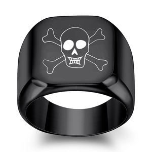 Polished black stainless steel signet ring with white skull and crossbones design