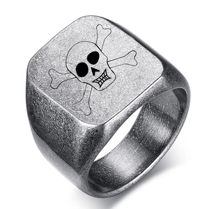 Macro detail of vintage stainless steel signet ring featuring a laser engraved skull motif