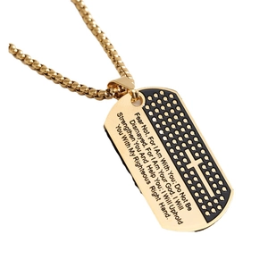 Collar de placa dorada de acero inoxidable con relieve de cruz y versículo bíblico
