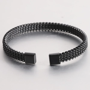 Matte black stainless steel woven mesh open bangle with square ends for men
