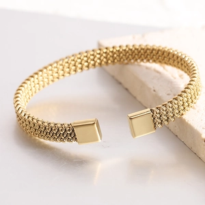 Minimalist 8mm gold mesh woven stainless steel open cuff bracelet for women