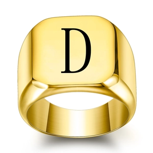 Polished gold signet ring featuring a square face with engraved letter D for men and women