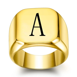 Vintage Punk Gold Plated Stainless Steel Alphabet Initial Signet Ring For Men Square Finger Ring A-Z Letter Jewelry Gift