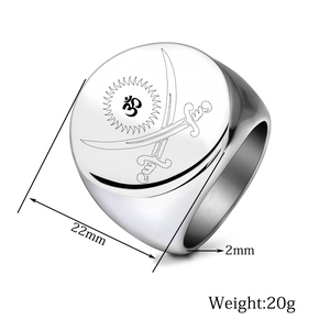 Polished 22mm stainless steel signet ring with crossed scimitars and Om symbol detail