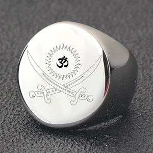Polished stainless steel Om sign ring with cross swords and sunburst circular design