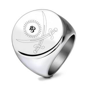 Polished silver stainless steel signet ring with crossed swords and sacred Om symbol