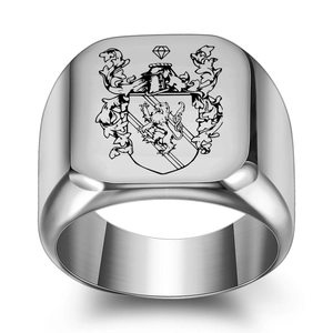 Men's vintage signet ring with laser engraved lion crest on polished stainless steel