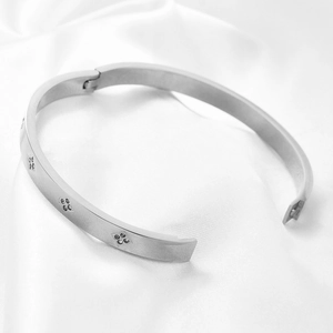 Detailopname van een zilveren roestvrijstalen scharnierarmband met klaverpatronen