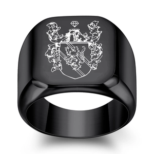 Square black stainless steel signet ring with laser engraved lion crest for men