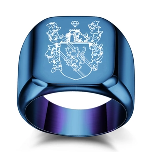 Vintage stainless steel ring with engraved lion crest and blue inner brushed finish
