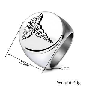 Detailed size chart showing 22mm diameter and 20g weight of the double snake steel ring