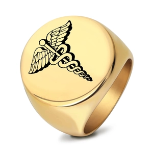 Vintage 304 Stainless Steel Caduceus Signet Ring For Men Gold Silver Polished Round Medical Symbol Professional Finger Ring