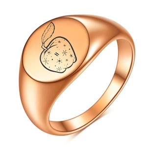 Polished rose gold stainless steel signet ring with apple and star laser engraving