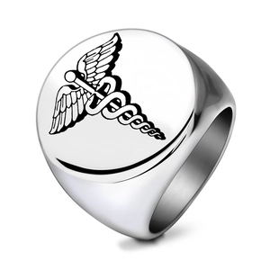 Polished stainless steel signet ring with black Caduceus medical symbol engraving