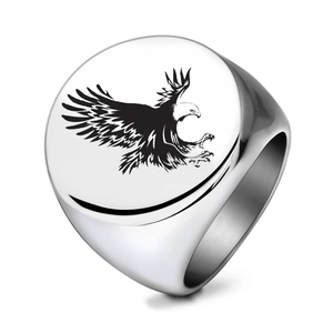 Men's vintage punk stainless steel signet ring with black eagle engraving detail