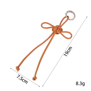 Brown leather Chinese knot bag charm with silver metal ring, 19cm handmade accessory