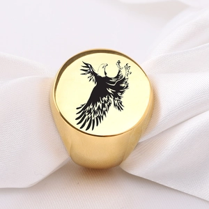Punk style 22MM golden stainless steel signet ring with a black eagle laser engraving
