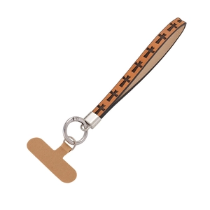 Brown leather wrist strap for phone with black cross pattern and silver metal clasp