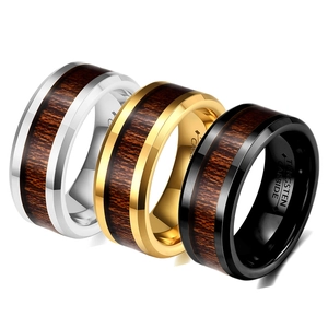 Anello in Carburo di Tungsteno per Uomo Intarsio in Vero Legno Bordo Smussato Lucido Fede Nuziale Oro Argento Nero Gioielli Moda
