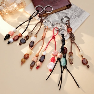 Vintage Handwoven PU Leather Beaded Bag Pendant Bohemian Acrylic Resin Beads Keychain For Women Handbag Accessories