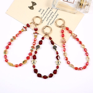 Chinese style crystal beaded phone charm with Lucky Cat and fortune bag pendants