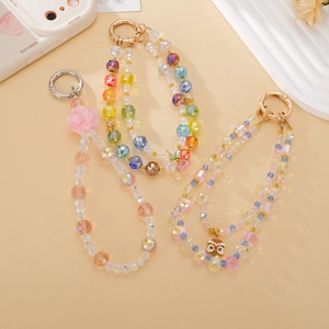 Rainbow beaded phone charm straps with cherry pendants and round metal clasps