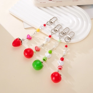 Handmade beaded fruit charms with strawberry and apple designs on silver chains
