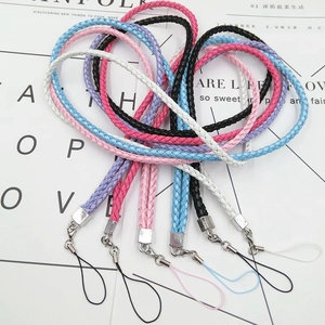 Detail of multi-color woven PU leather lanyards with silver metal fasteners and nylon loops