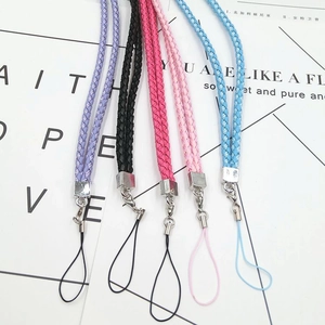 Detail of five PU braided lanyards in purple, black, pink and blue with metal buckles