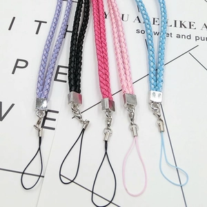 Detail of colorful braided PU leather lanyards with metal clips and secure phone hooks