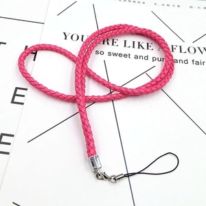 Detail of rose pink braided PU leather lanyard with silver metal clasp for ID cards