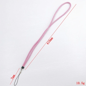 Pink woven lanyard with silver metal crimp and black loop for phones, 410mm long
