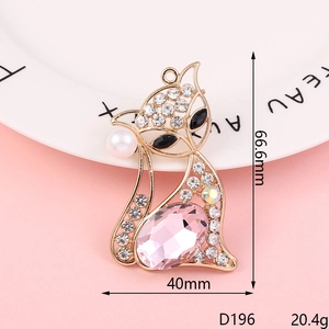 Detail of fox pendant size 66.6x40mm with pink stone and white crystals on pink background