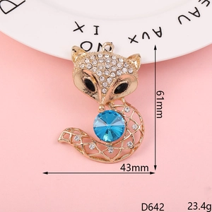 Detail shot of a golden fox charm with blue gemstone and white rhinestones, size 61x43mm