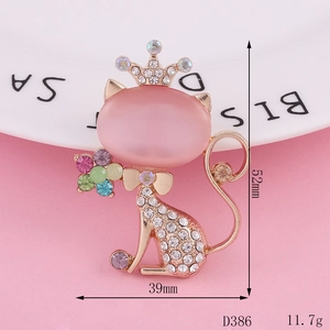 Detailed view of crown cat brooch with pink opal and multi-colored rhinestones