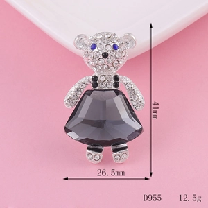 Teddy bear alloy brooch with white and blue rhinestones and black faceted gemstone