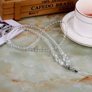 Universal transparent pearl crystal lanyard with silver metal lobster clasp and clear beads