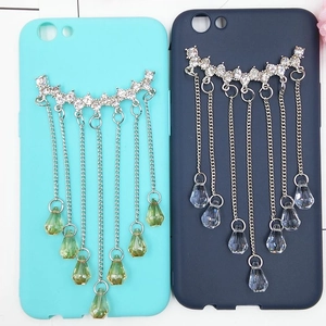 Sparkling crystal tassel pendant phone case in sky blue and navy with rhinestones
