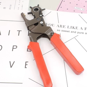 Rotary leather punch pliers with orange non-slip handles and adjustable metal hole heads