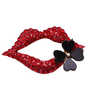 Sparkling red lip brooch pin with black heart clover accents and red rhinestones